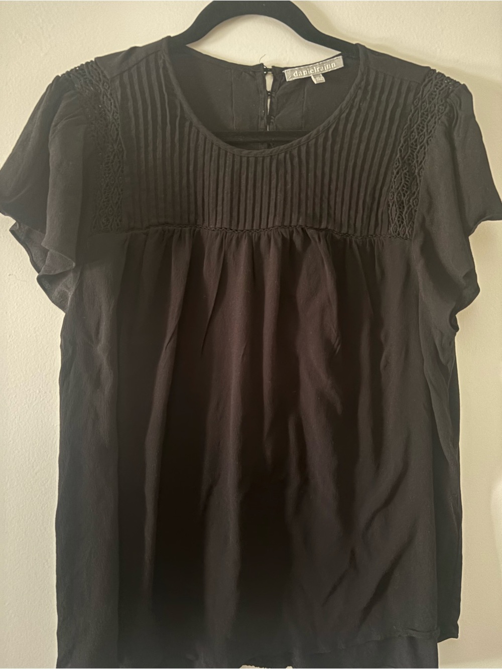 Daniel Rainn Black Pintuck & Lace Yoke Short Sleeve Blouse